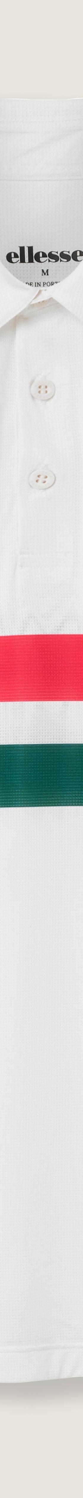 A white ellesse tennis polo shirt with red and green chest stripes