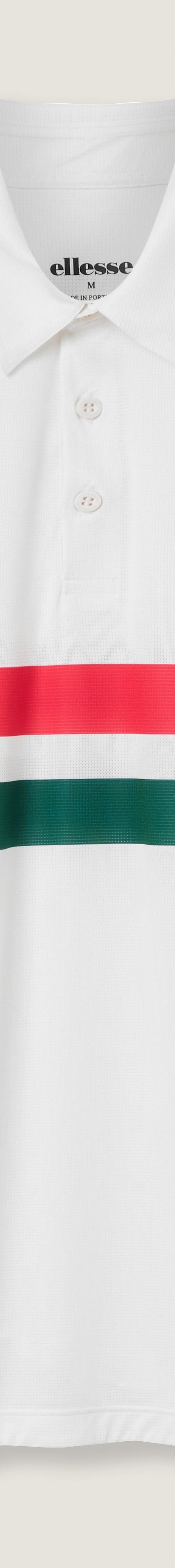 A white ellesse tennis polo shirt with red and green chest stripes