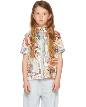 A child wearing a multicolour Endless Joy printed short sleeve shirt