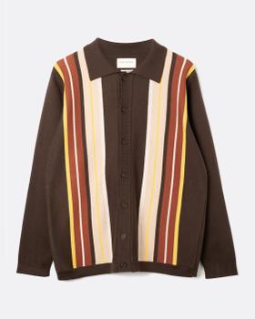 A brown Far Afield knitted button-through polo cardigan with cream, rust and yellow vertical stripes