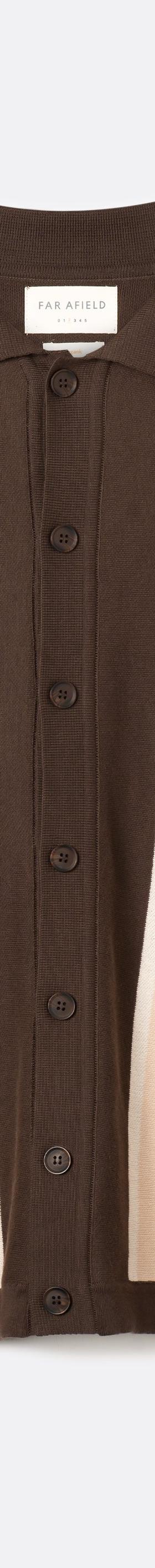 A brown Far Afield knitted button-through polo cardigan with cream, rust and yellow vertical stripes
