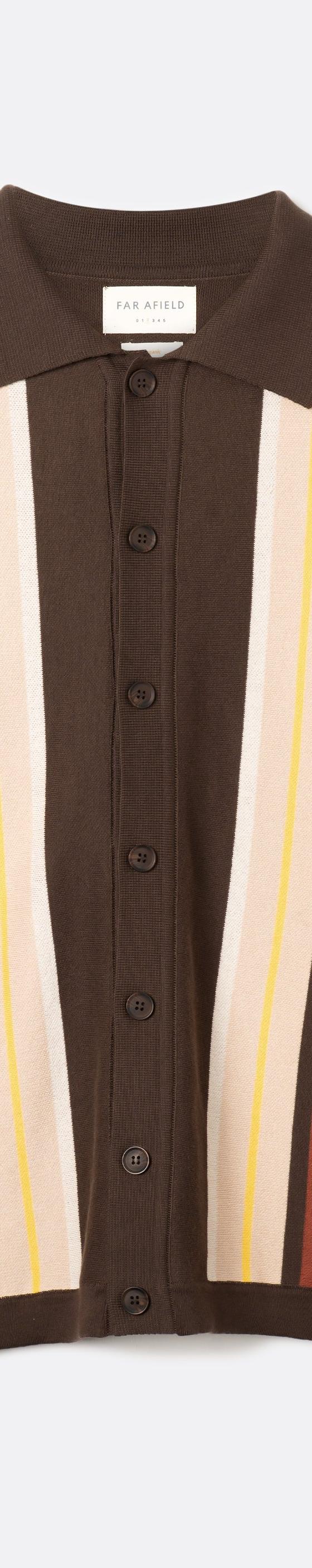 A brown Far Afield knitted button-through polo cardigan with cream, rust and yellow vertical stripes