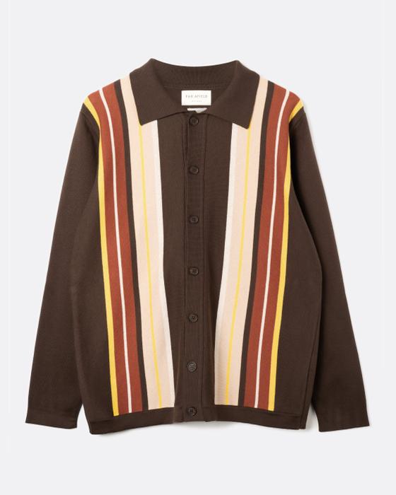 A brown Far Afield knitted button-through polo cardigan with cream, rust and yellow vertical stripes
