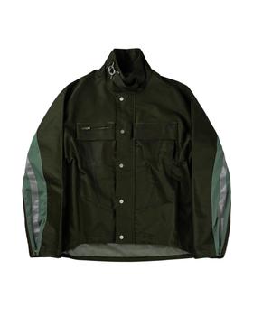 A dark olive FFFPOSTALSERVICE paneled technical jacket with contrast green side inserts and snap front
