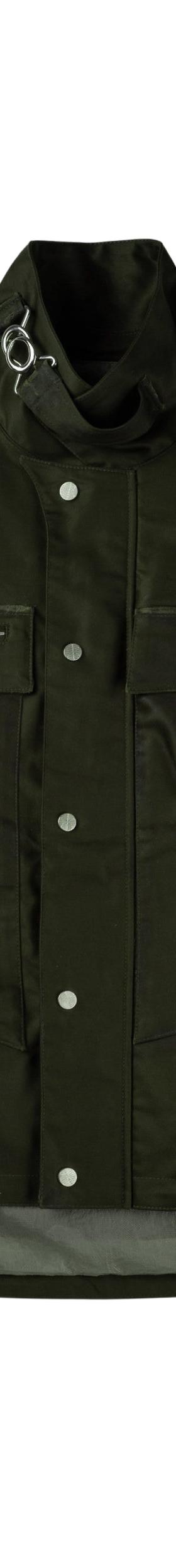 A dark olive FFFPOSTALSERVICE paneled technical jacket with contrast green side inserts and snap front