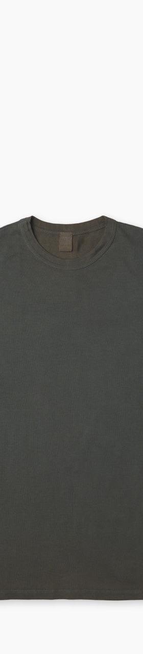 A washed olive-grey Flea-T pigment-dyed cotton t-shirt on a plain background