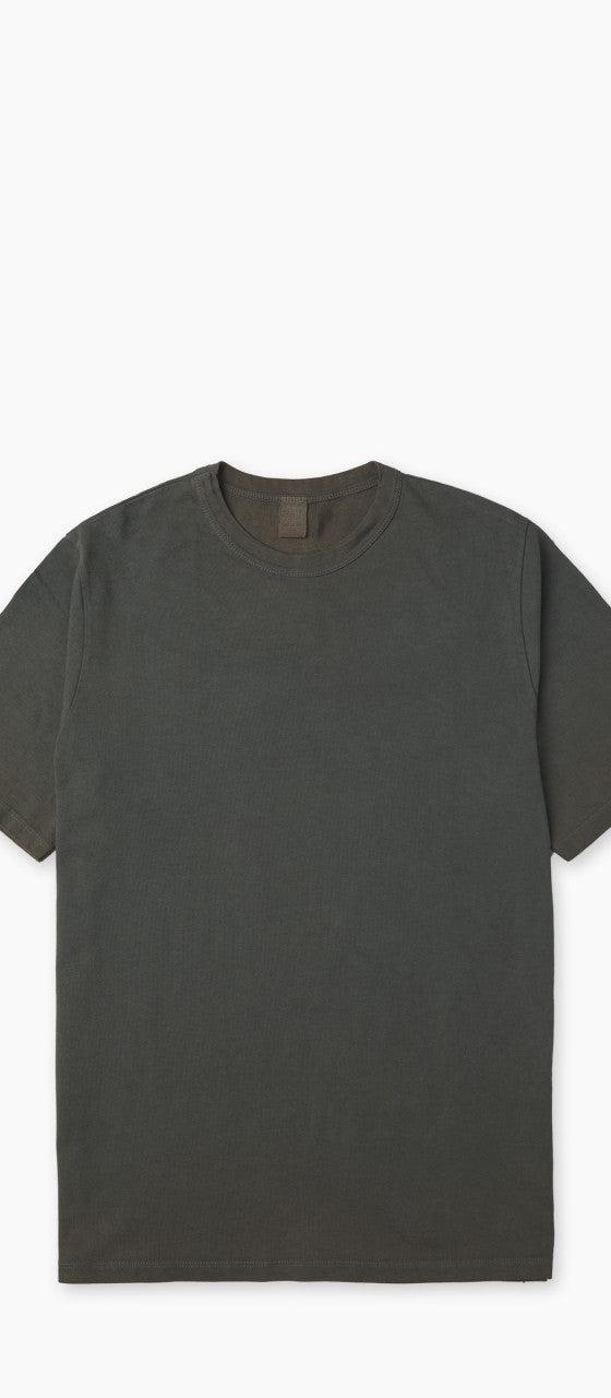 A washed olive-grey Flea-T pigment-dyed cotton t-shirt on a plain background