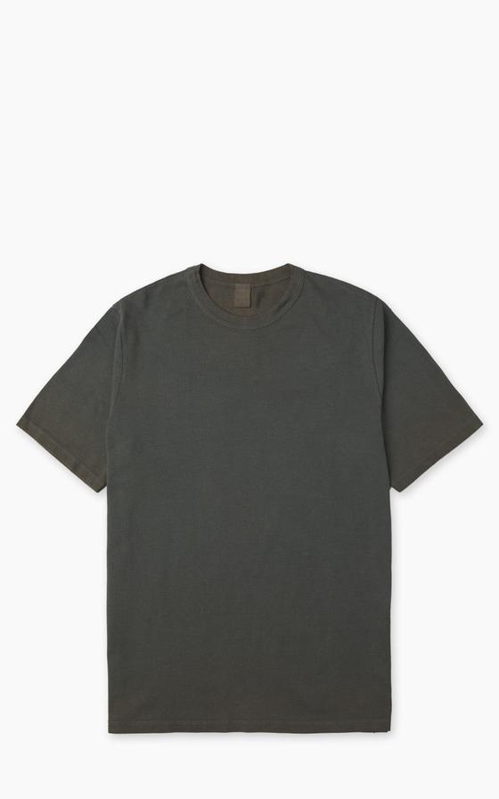 A washed olive-grey Flea-T pigment-dyed cotton t-shirt on a plain background