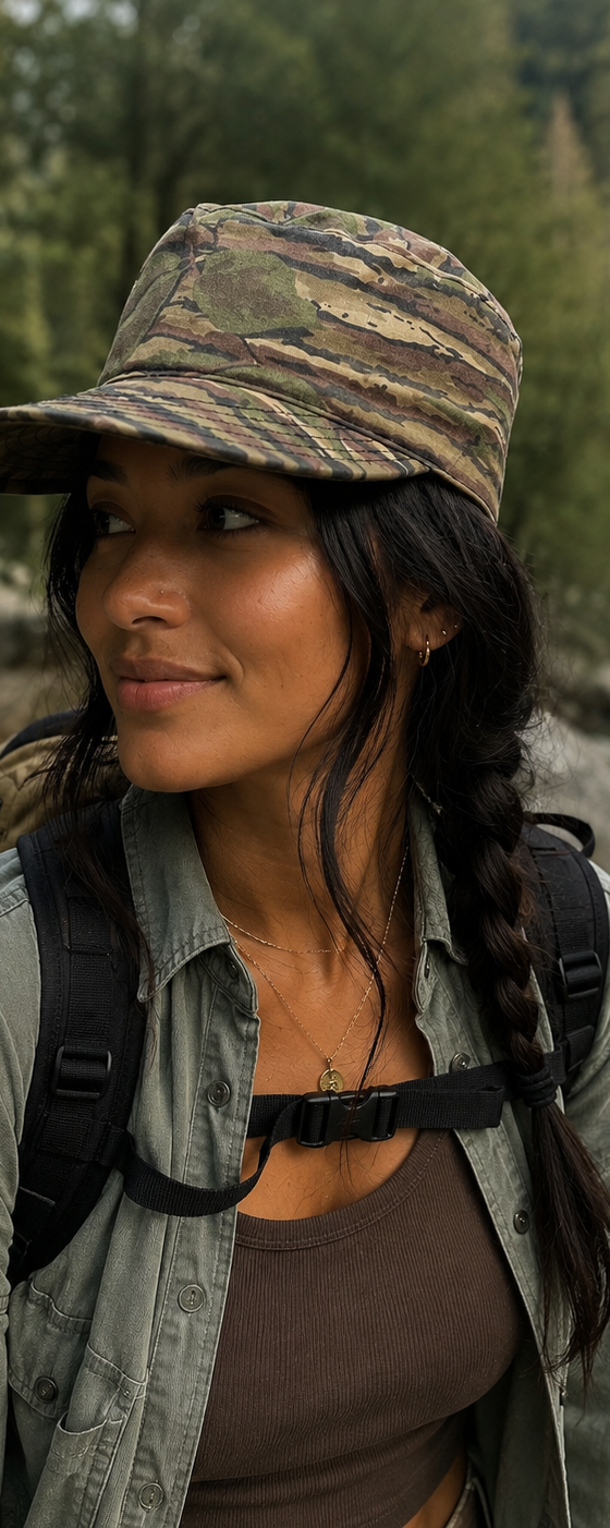 A woman wearing a camouflage Flipside Hats bucket cap on a forest trail
