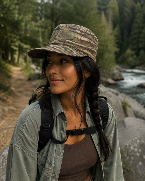 A woman wearing a camouflage Flipside Hats bucket cap on a forest trail