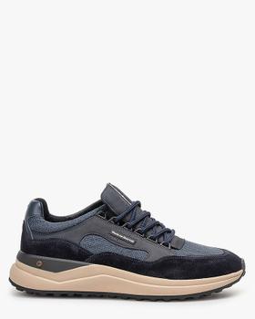 A navy blue Floris van Bommel suede and mesh sneaker with a beige chunky sole