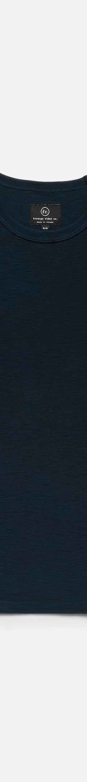 A navy Foreign Rider Co. short sleeve T-shirt on a plain white background