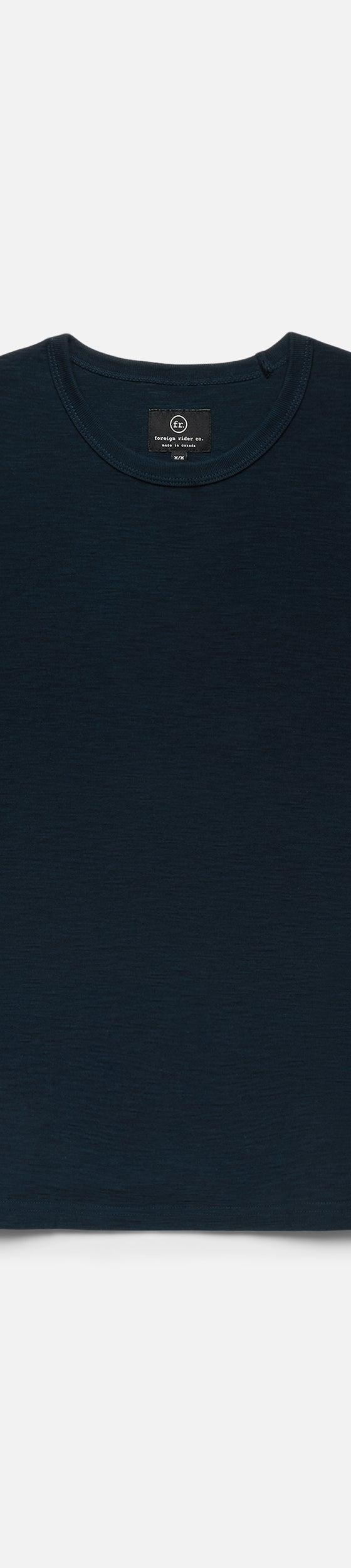 A navy Foreign Rider Co. short sleeve T-shirt on a plain white background
