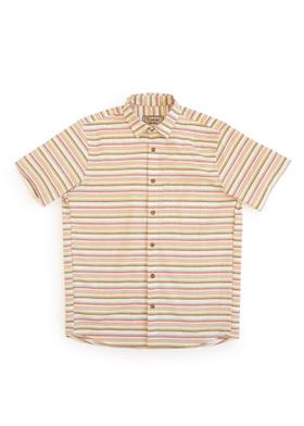 A brightly striped Freeman short-sleeve camp shirt on a white background