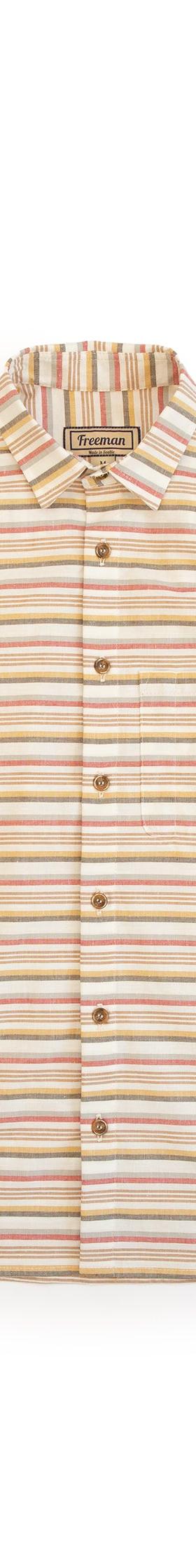 A brightly striped Freeman short-sleeve camp shirt on a white background