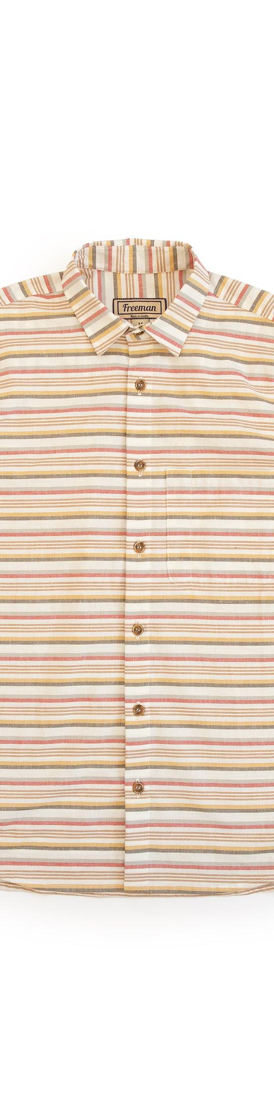 A brightly striped Freeman short-sleeve camp shirt on a white background