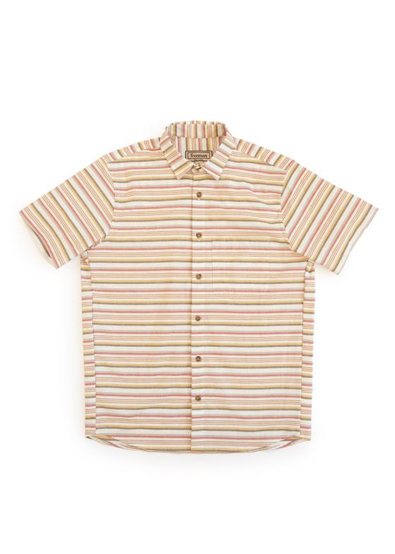 A brightly striped Freeman short-sleeve camp shirt on a white background
