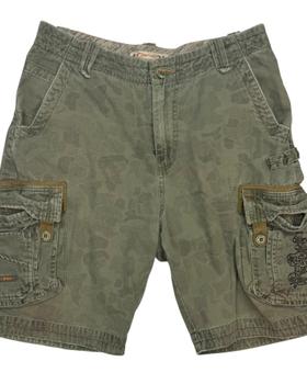 A pair of vintage olive camo cargo shorts on a plain white background