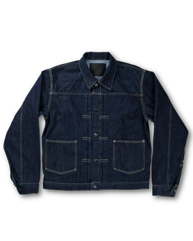 A FULLCOUNT indigo selvedge denim type-I jacket on a plain background