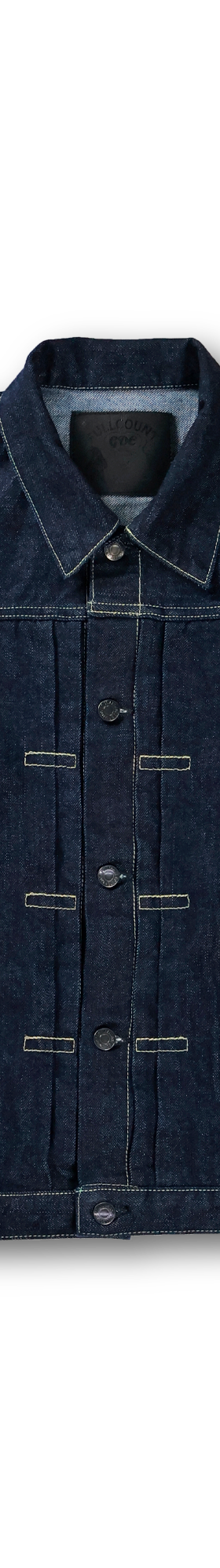 A FULLCOUNT indigo selvedge denim type-I jacket on a plain background