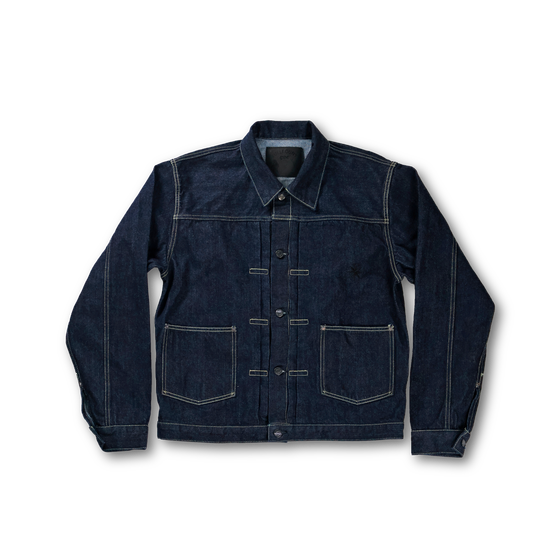 A FULLCOUNT indigo selvedge denim type-I jacket on a plain background