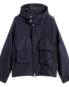 A navy Gander hooded utility jacket with large flap pockets