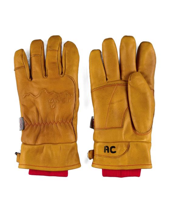 A pair of tan waxed-leather Give'r 4-Season gloves on a white background