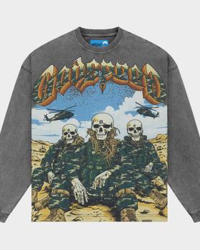 A grey washed Godspeed New York long-sleeve tee with a skeleton soldier graphic