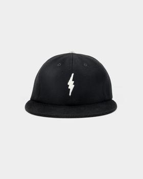 A black wool GOOD ART HLYWD cap with a white lightning bolt embroidery