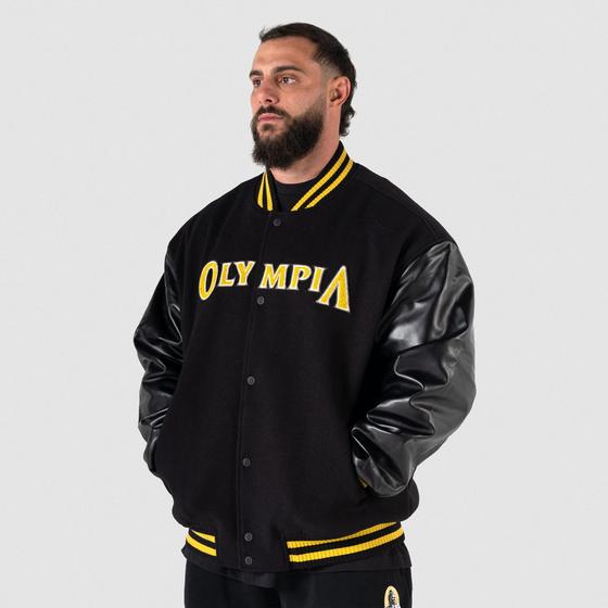 A man wearing a black Gymreapers Olympia varsity jacket with leather sleeves