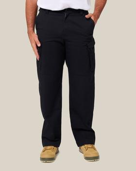 A man wearing black Hard Yakka Edge ripstop cargo work pants with tan work boots