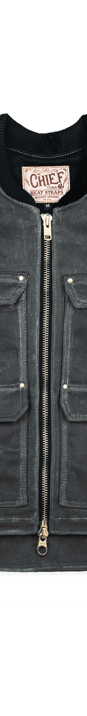A charcoal waxed canvas utility vest with brass zip and flap pockets