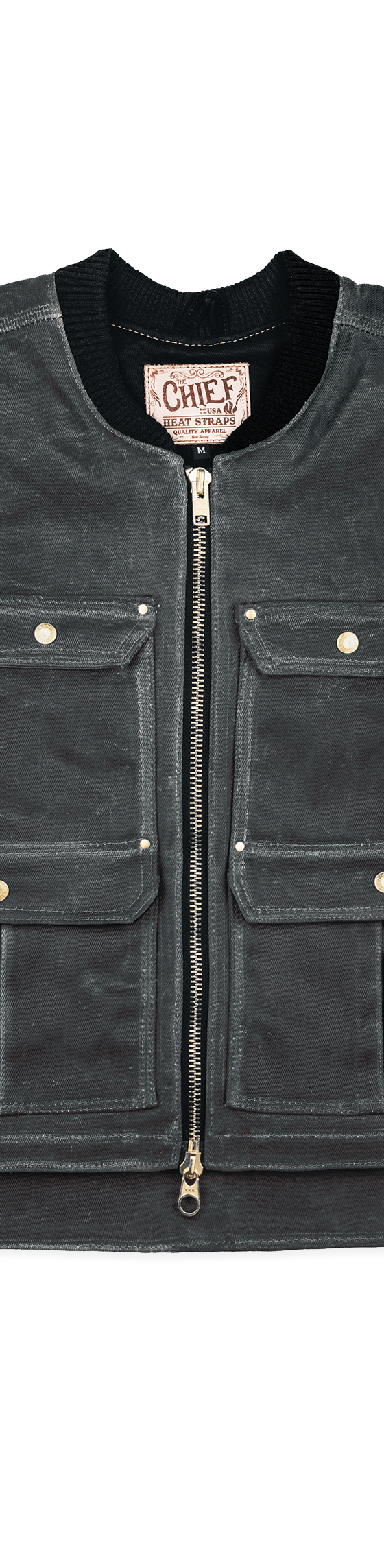 A charcoal waxed canvas utility vest with brass zip and flap pockets