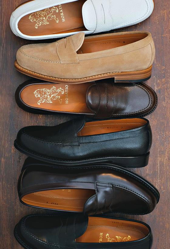 A stack of Horatio loafers in white leather, tan suede, brown and black calf
