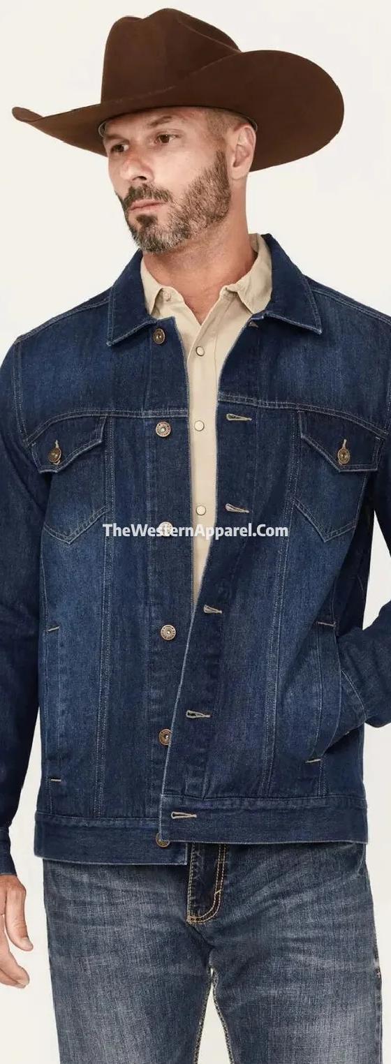 A man wearing a dark denim trucker jacket and felt cowboy hat