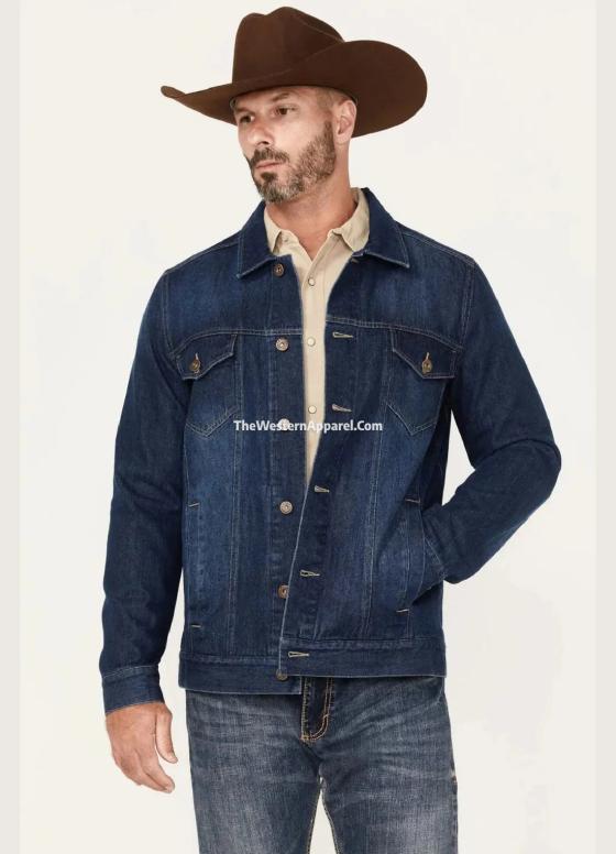 A man wearing a dark denim trucker jacket and felt cowboy hat
