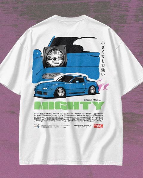 Back of Import Bible's white Mighty t-shirt with a blue Mazda Miata graphic