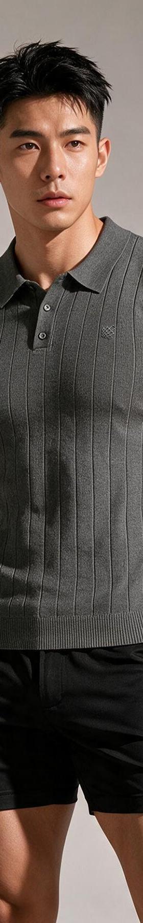 A man wearing a grey ribbed Jed North polo shirt with black shorts