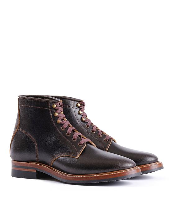 A pair of dark brown leather John Lofgren service boots with Goodyear-welted leather soles