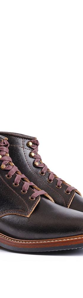 A pair of dark brown leather John Lofgren service boots with Goodyear-welted leather soles