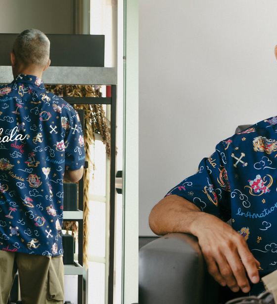 Kahala x IN4MATION model wearing a navy printed aloha shirt