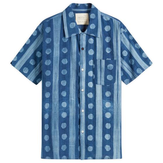 An indigo block-printed Kardo camp collar shirt