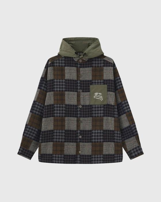 A Karma8a patchwork check hooded overshirt on a plain background