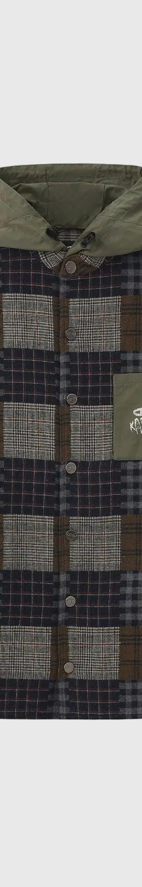 A Karma8a patchwork check hooded overshirt on a plain background