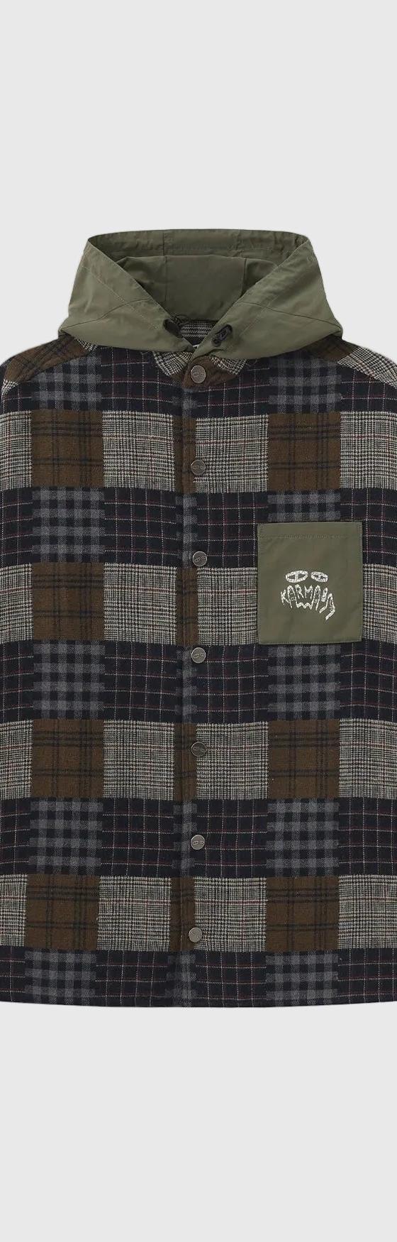 A Karma8a patchwork check hooded overshirt on a plain background