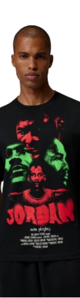 A man wearing a black Jordan graphic T-shirt with black shorts