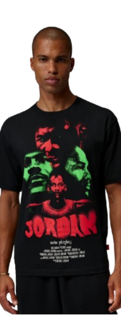 A man wearing a black Jordan graphic T-shirt with black shorts
