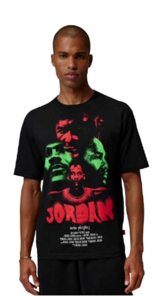 A man wearing a black Jordan graphic T-shirt with black shorts