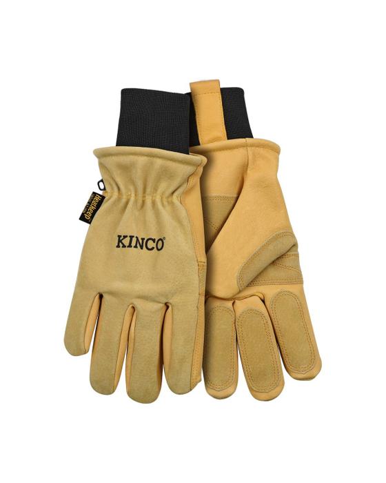 A pair of golden pigskin Kinco 901 lined gloves on a white background