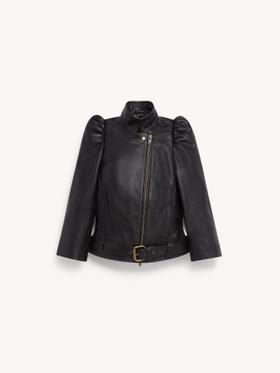A black leather biker jacket with puffed shoulders, asymmetric zip and buckled waist belt